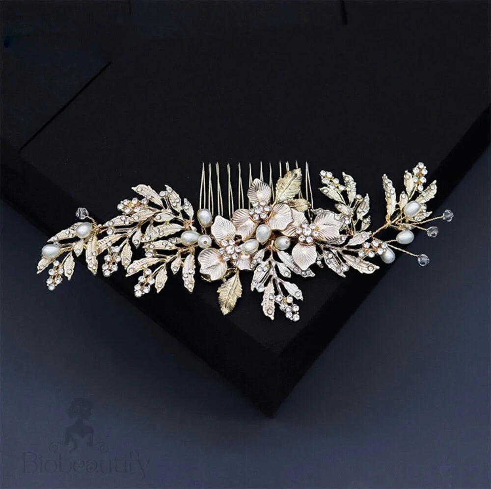 Galina Pearl And Crystal Wedding Hair Comb In Gold Silver