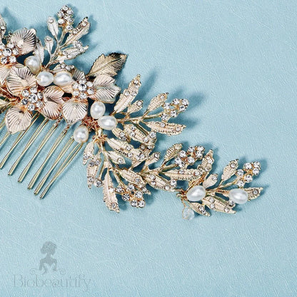 Galina Pearl And Crystal Wedding Hair Comb In Gold Silver