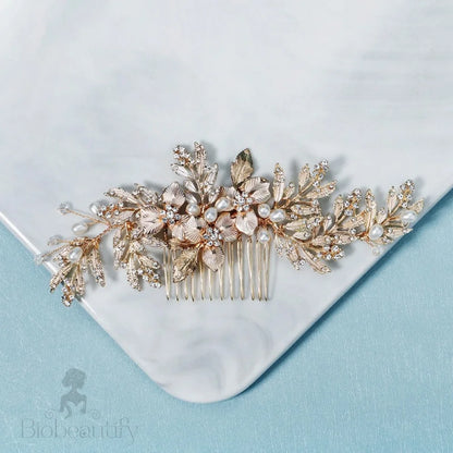 Galina Pearl And Crystal Wedding Hair Comb In Gold Silver