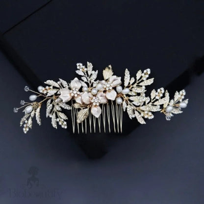 Galina Pearl And Crystal Wedding Hair Comb In Gold Silver