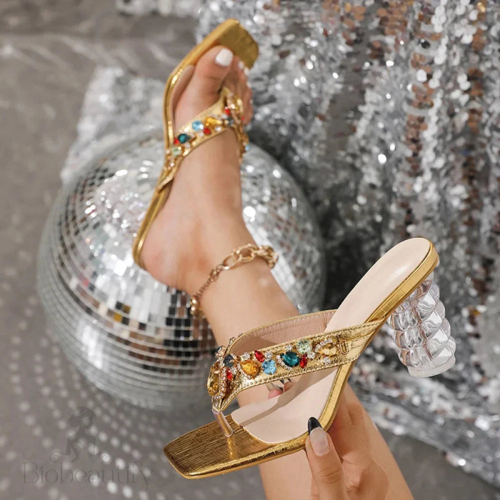 Gem Rivet Women Slippers Sandals With Transparent Low Heels