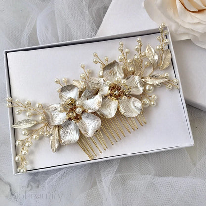 Geneva Pearl Bridal Hair Comb In Gold And Silver