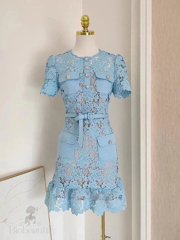 Genevia Rhinestone Lace Dress Blue / S