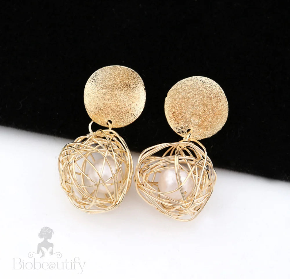 Geometric Woven Pearl Ball Stud Earrings Frosted Ear Studs