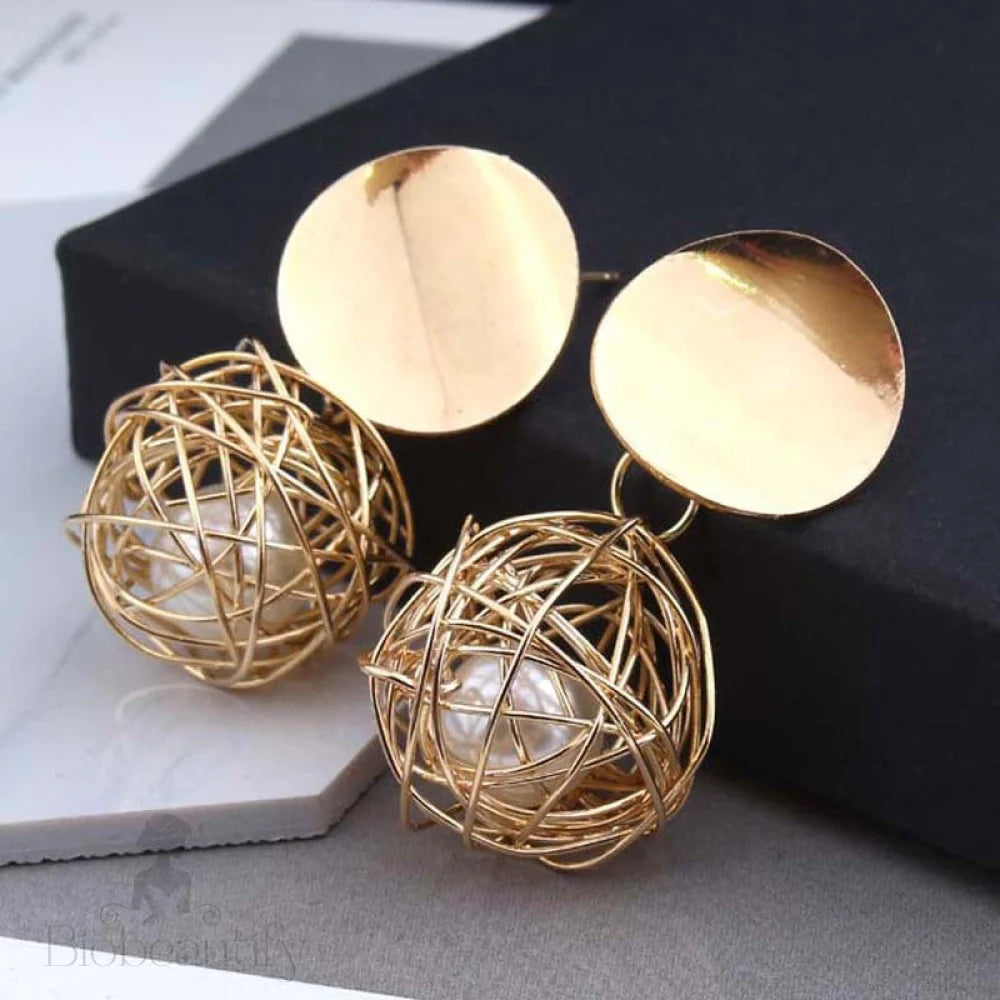 Geometric Woven Pearl Ball Stud Earrings Smooth Ear Studs