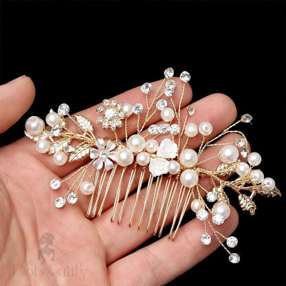 Gia Gold Pearl Crystal Bridal Hair Comb