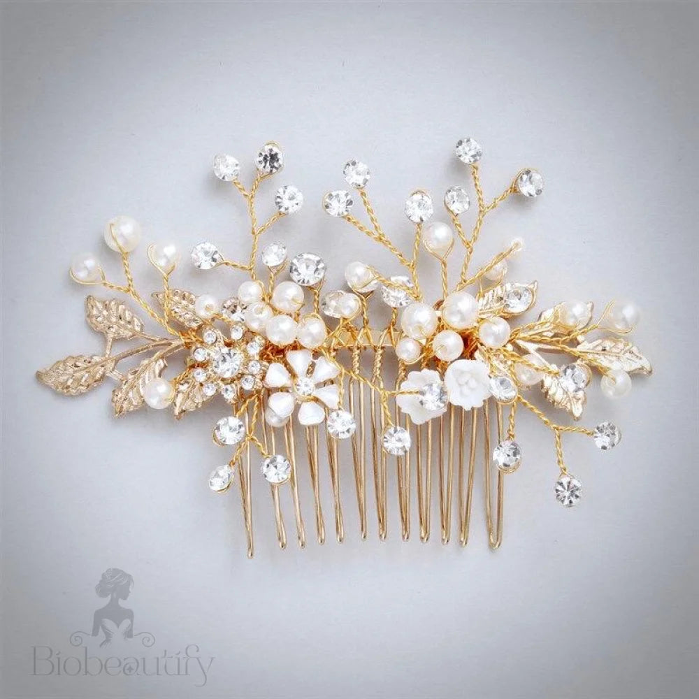 Gia Gold Pearl Crystal Bridal Hair Comb