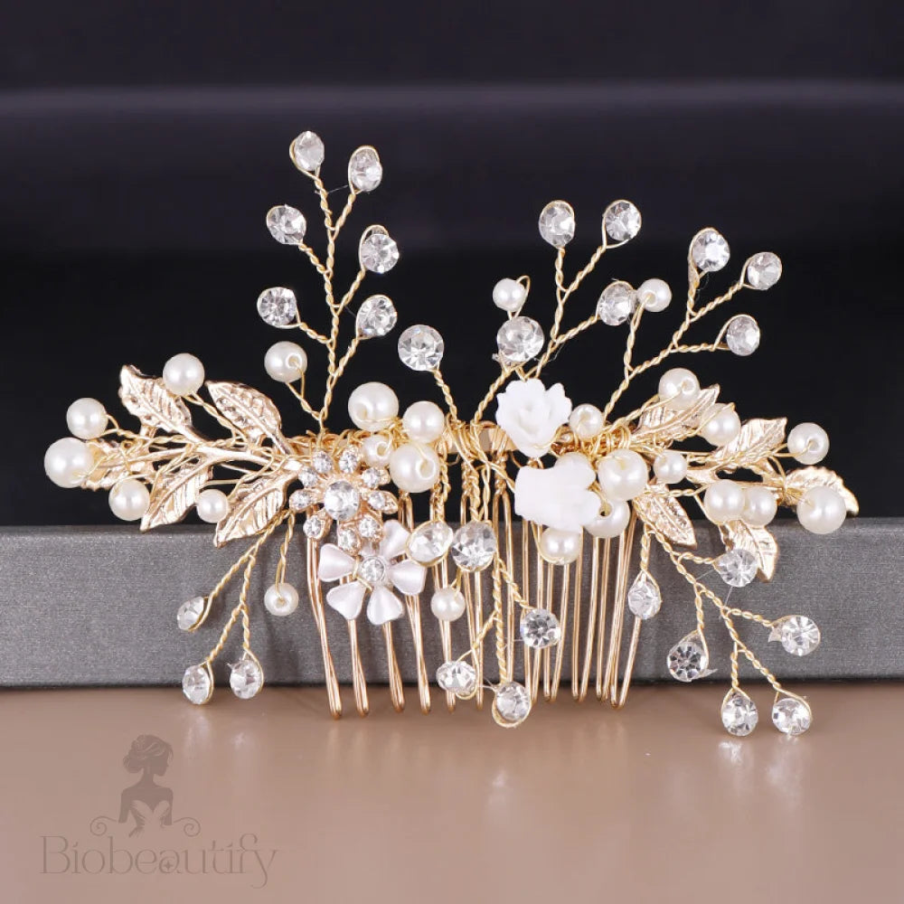 Gia Gold Pearl Crystal Bridal Hair Comb