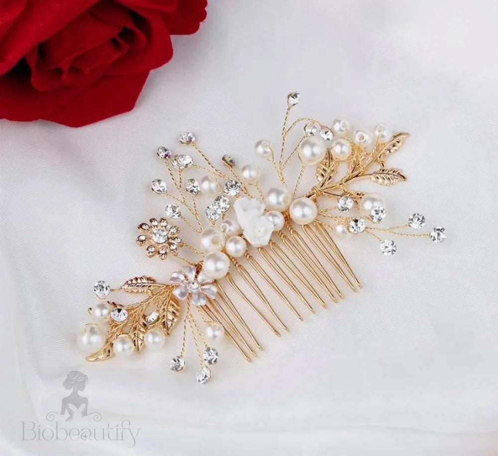 Gia Gold Pearl Crystal Bridal Hair Comb