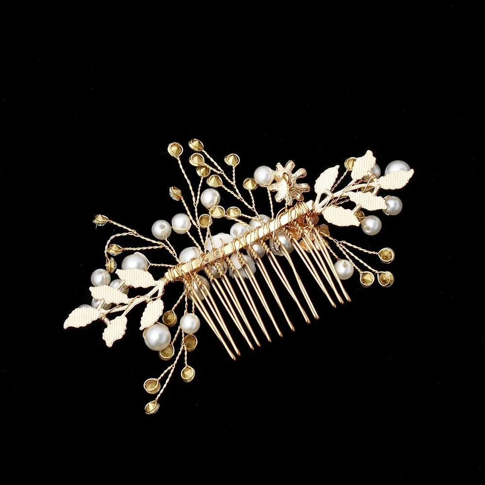 Gia Gold Pearl Crystal Bridal Hair Comb