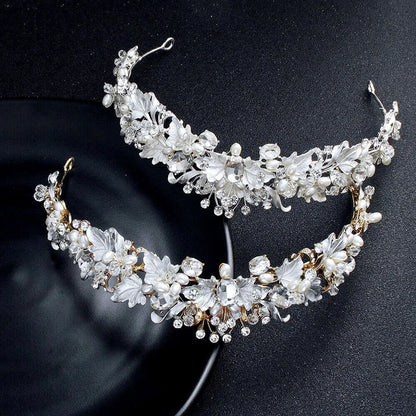 Giada Bridal Tiara With Pearls And Crystals - Yellow Gold Silver Options Available