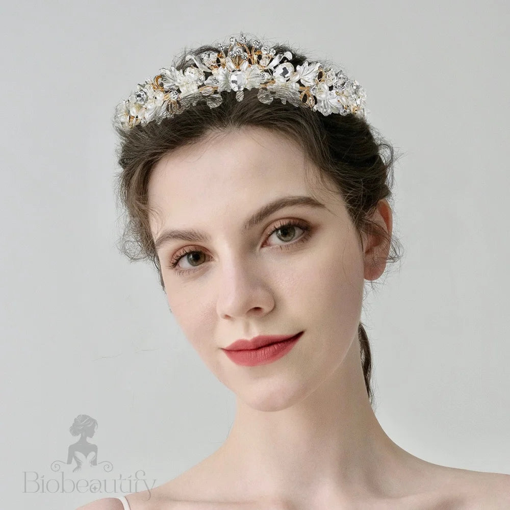 Giada Bridal Tiara With Pearls And Crystals - Yellow Gold Silver Options Available