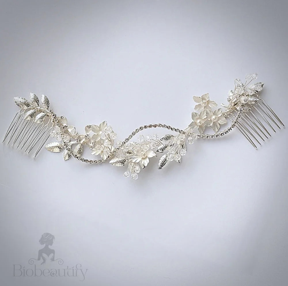 Gianna Silver Pearl Crystal Bridal Hair Vine