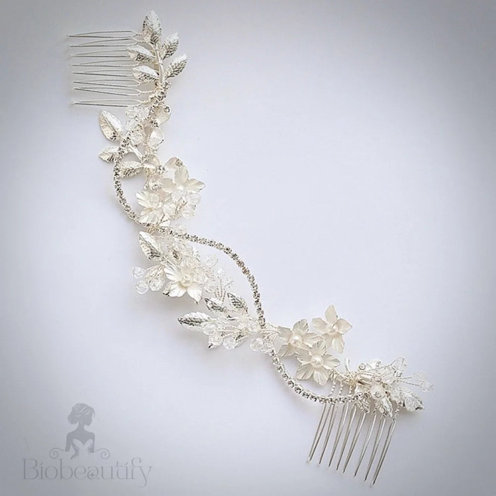 Gianna Silver Pearl Crystal Bridal Hair Vine