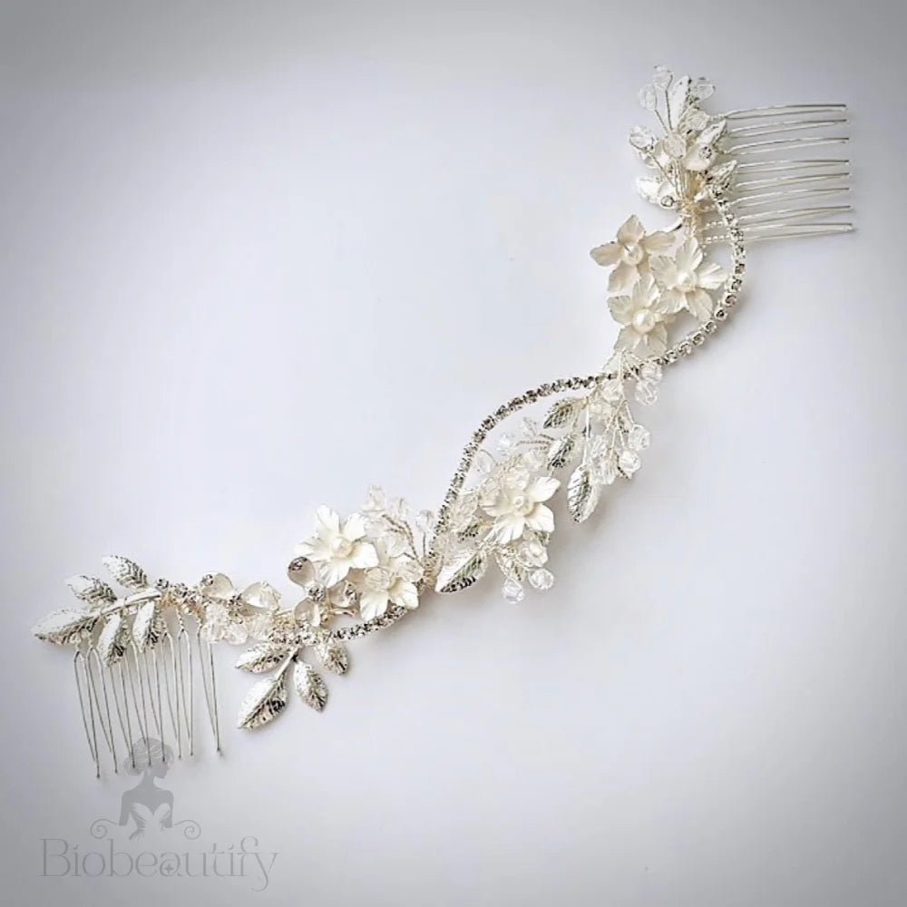 Gianna Silver Pearl Crystal Bridal Hair Vine