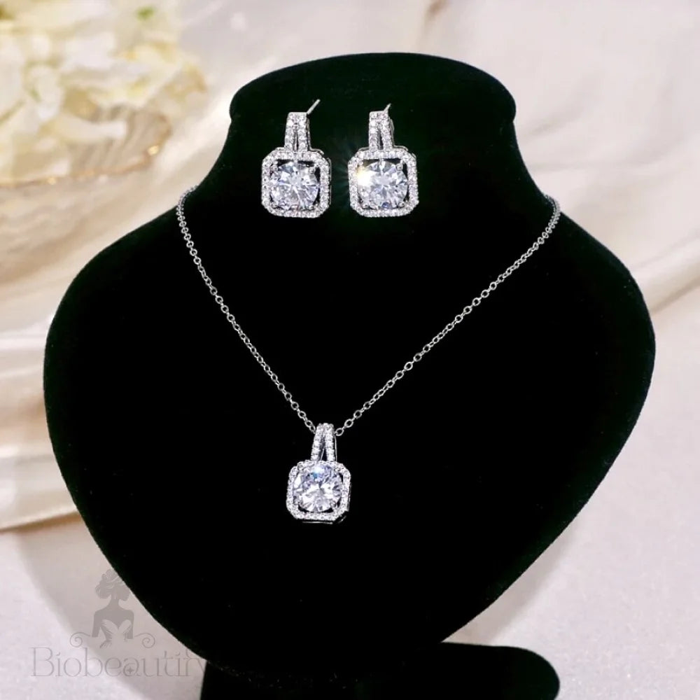 Gio Sterling Silver Bridal Necklace And Earrings Set With Cz