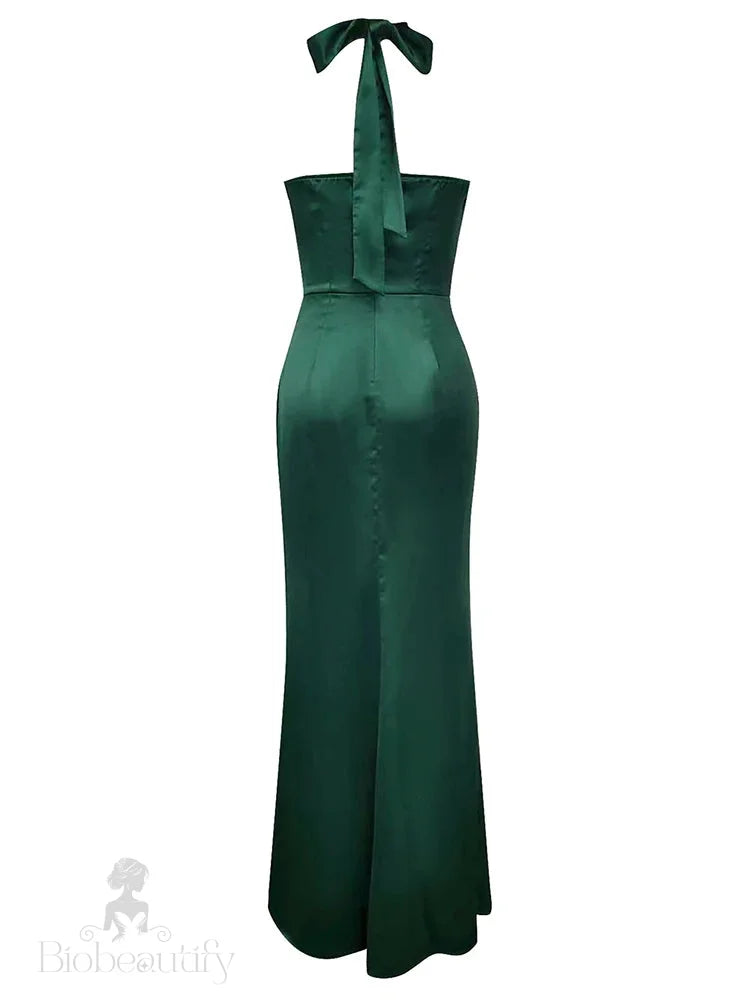 Giovanna Halter Satin Gown Dress With High Slit