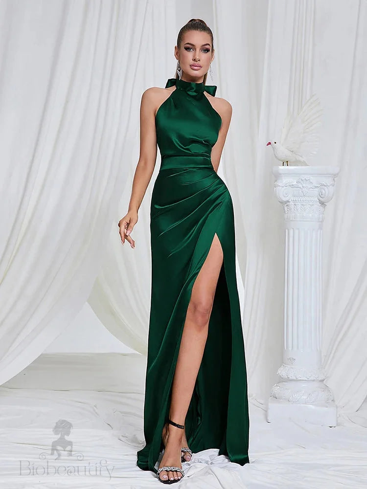 Giovanna Halter Satin Gown Dress With High Slit