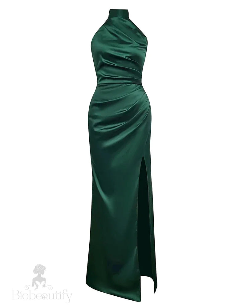 Giovanna Halter Satin Gown Dress With High Slit