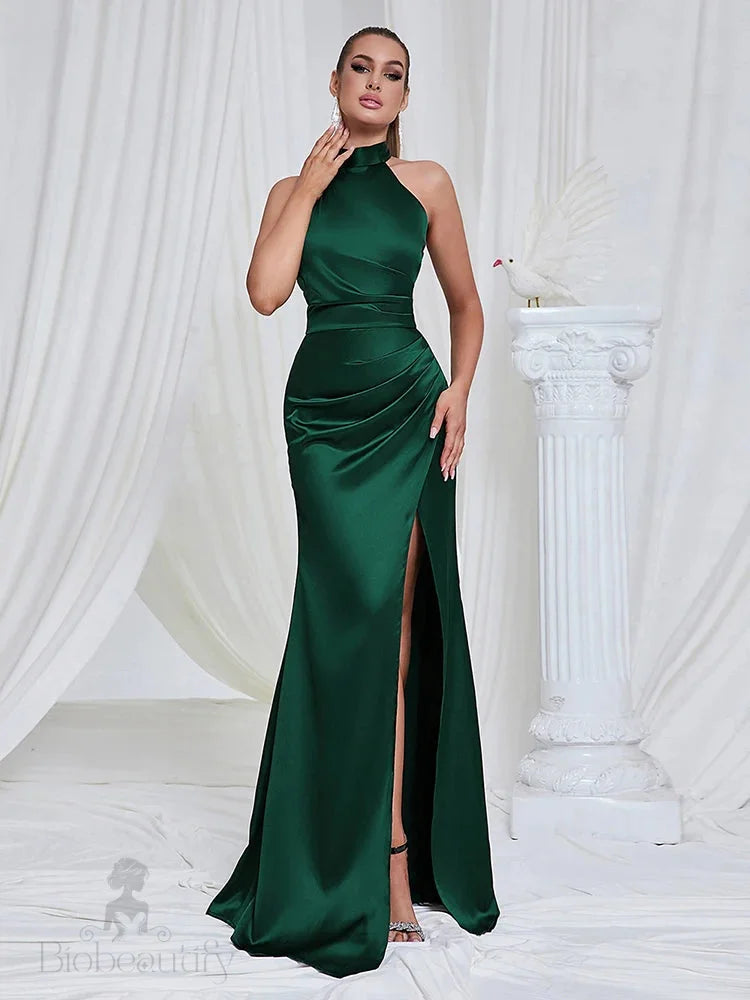 Giovanna Halter Satin Gown Dress With High Slit