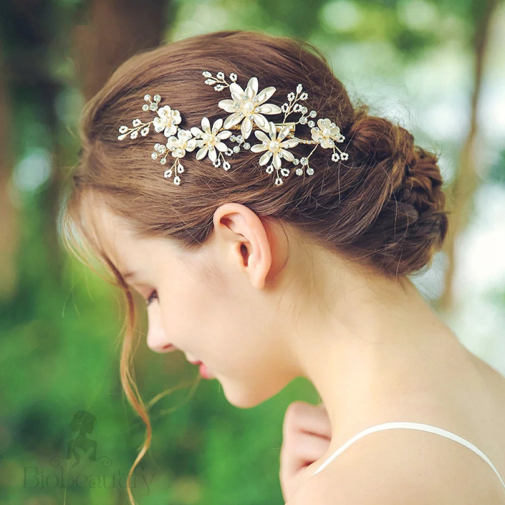 Giovanna Handmade Flower Hair Clip With Austrian Crystals In Gold