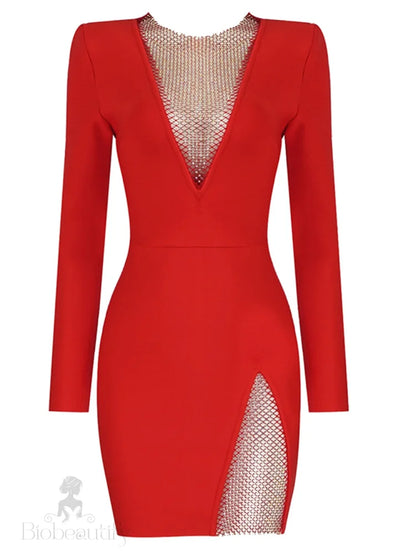 Glamorous Rhinestone Bandage Dress With Long Sleeves