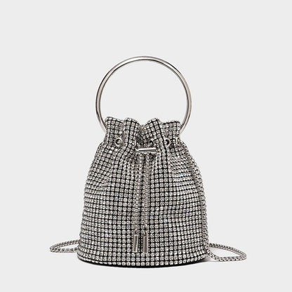 Crystal Embellished Silver Drawstring Crossbody Bucket Bag One Size /