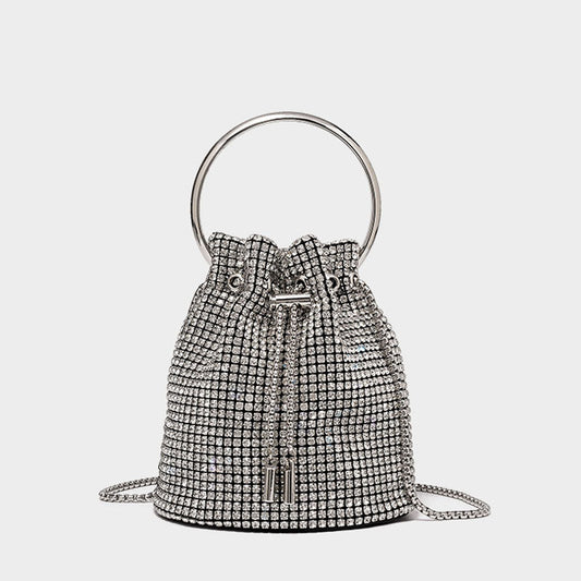 Crystal Embellished Silver Drawstring Crossbody Bucket Bag One Size /
