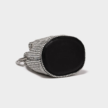 Crystal Embellished Silver Drawstring Crossbody Bucket Bag