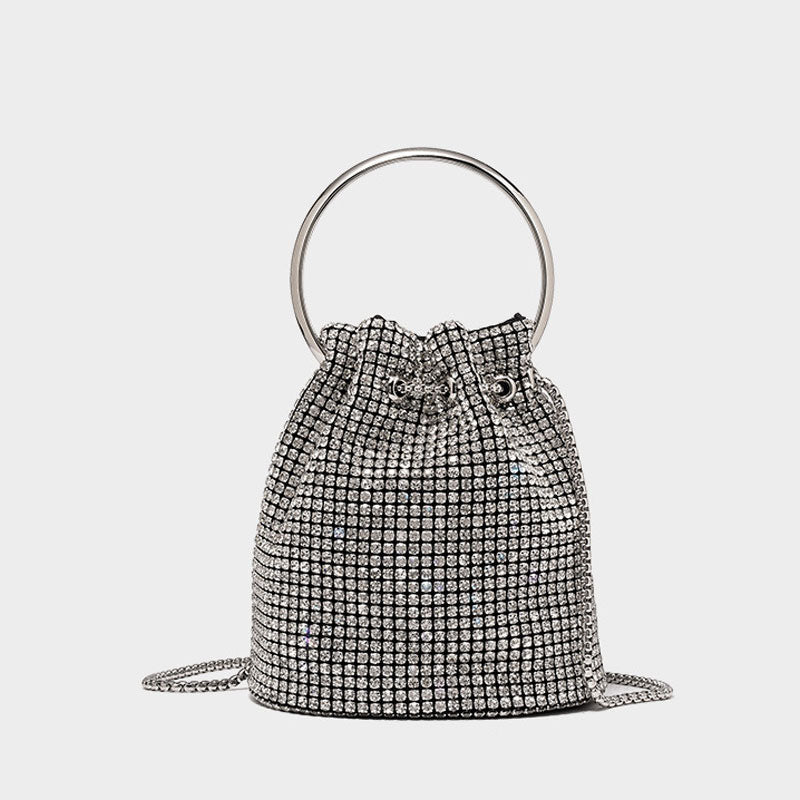 Crystal Embellished Silver Drawstring Crossbody Bucket Bag
