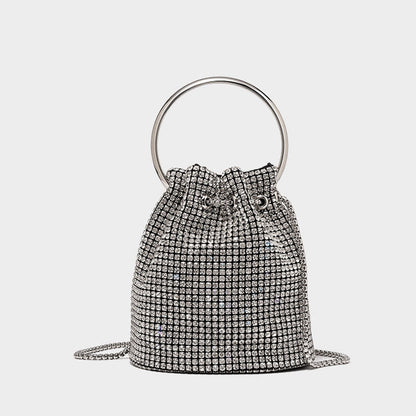 Crystal Embellished Silver Drawstring Crossbody Bucket Bag