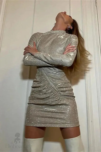 Glitter Bodycon Mini Dress With Long Sleeves