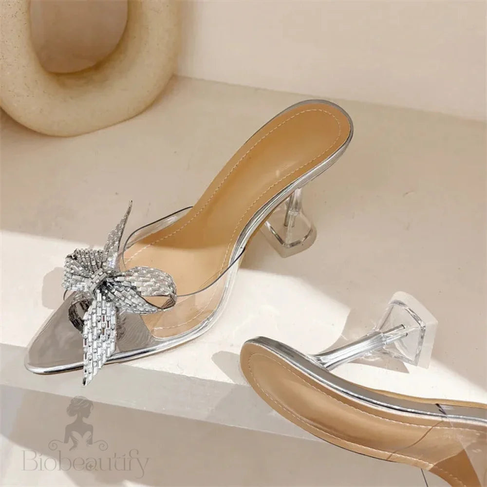 Glitter Crystal Peep Toe Women Slippers With Transparent High Heels