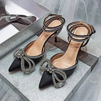 Glitter Rhinestones Silk Women Pumps With Crystal Bowknot - Spring Autumn Lady High Heels Black / 35