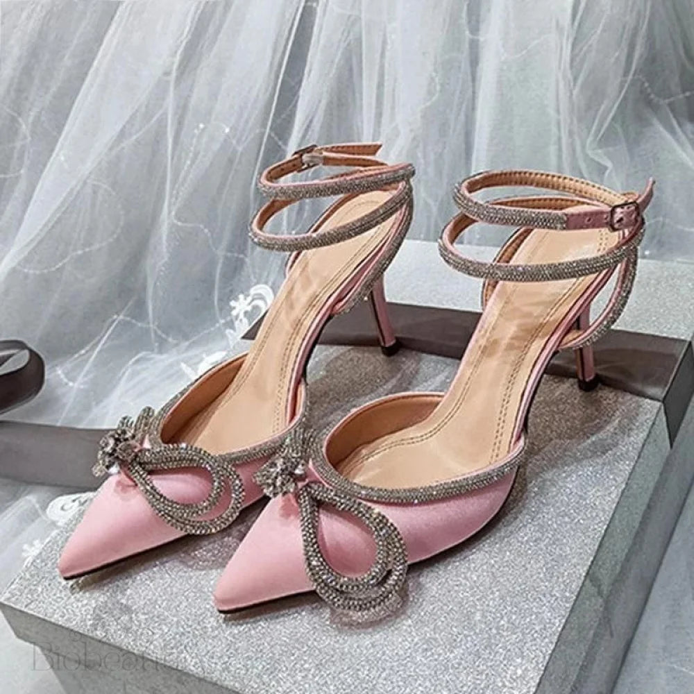 Glitter Rhinestones Silk Women Pumps With Crystal Bowknot - Spring Autumn Lady High Heels Pink / 35