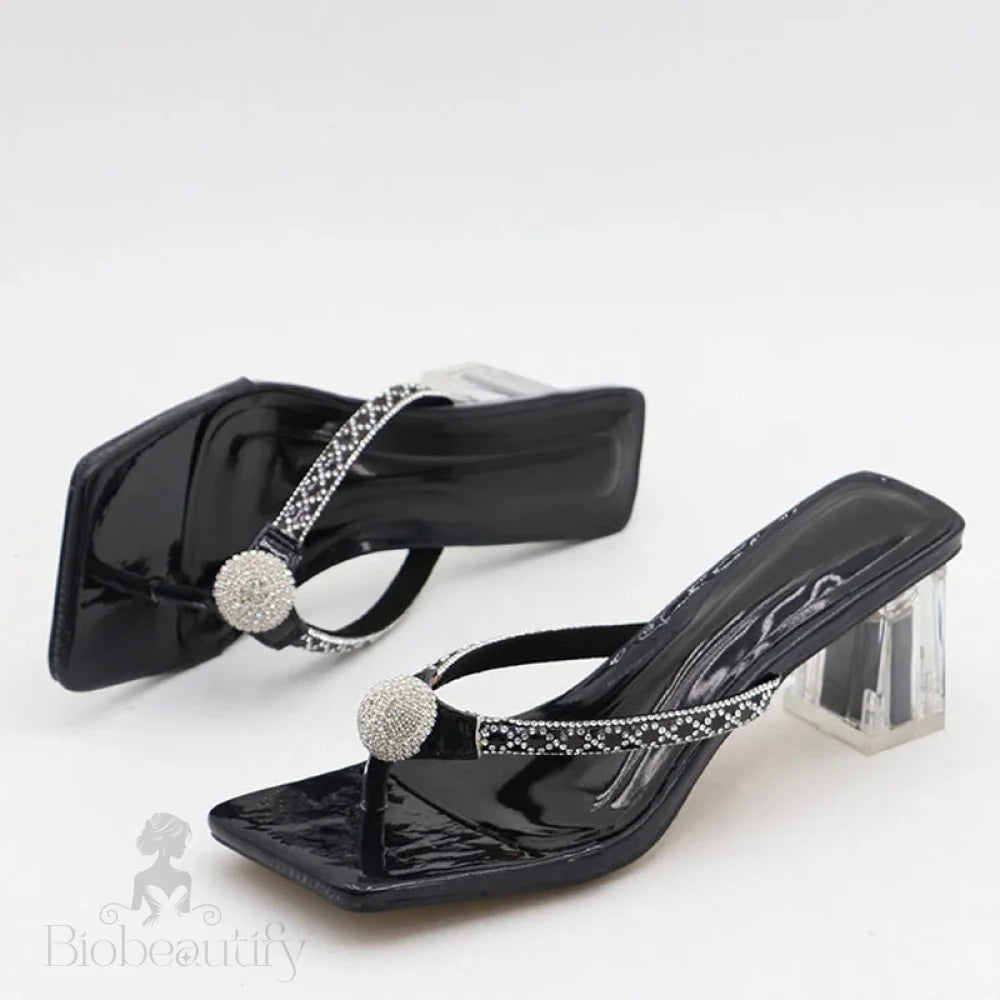 Glitter Rhinestones Transparent Low Heels Slippers Crystal Strap Sandals For Women