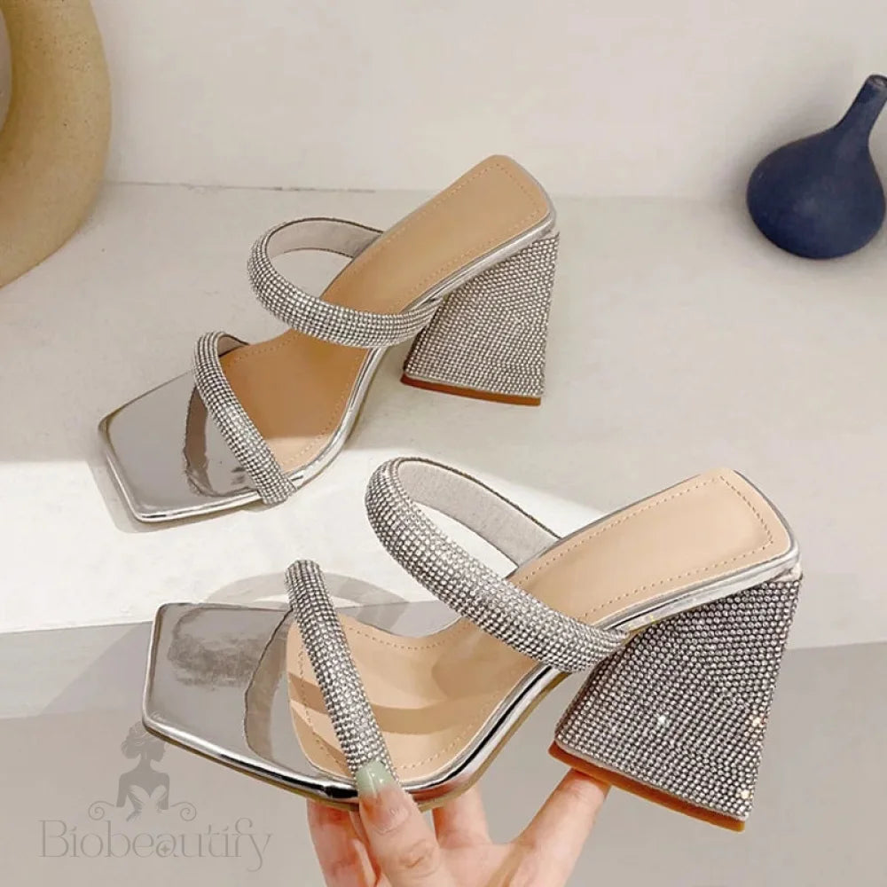 Glitter Rhinestones Triangle Thick Heel Slippers