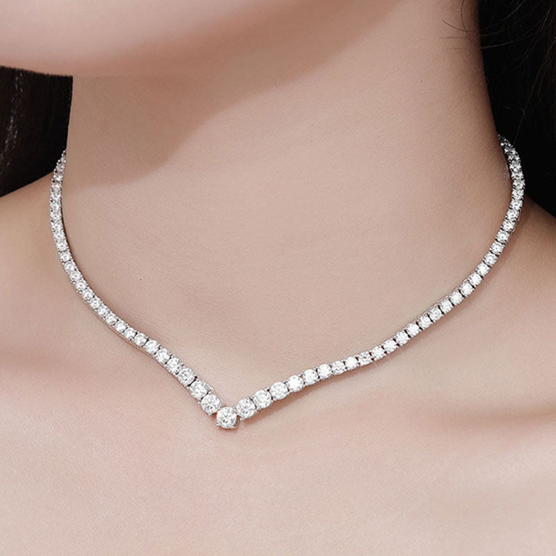 Sterling Silver V Shape Moissanite Tennis Necklace With Glittering Design / 22’’