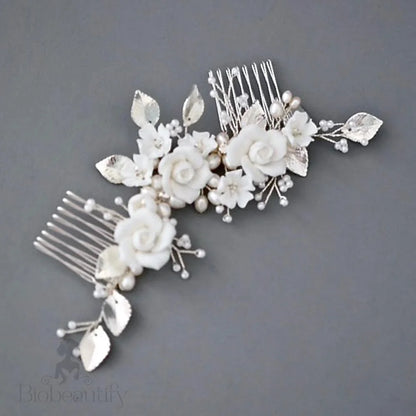 Gloria Ceramic Flower Silver Bridal Hair Comb