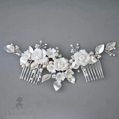 Gloria Ceramic Flower Silver Bridal Hair Comb