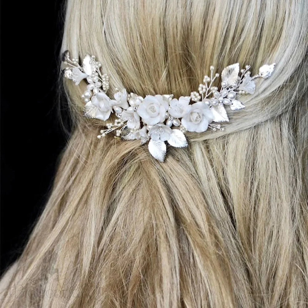 Gloria Ceramic Flower Silver Bridal Hair Comb