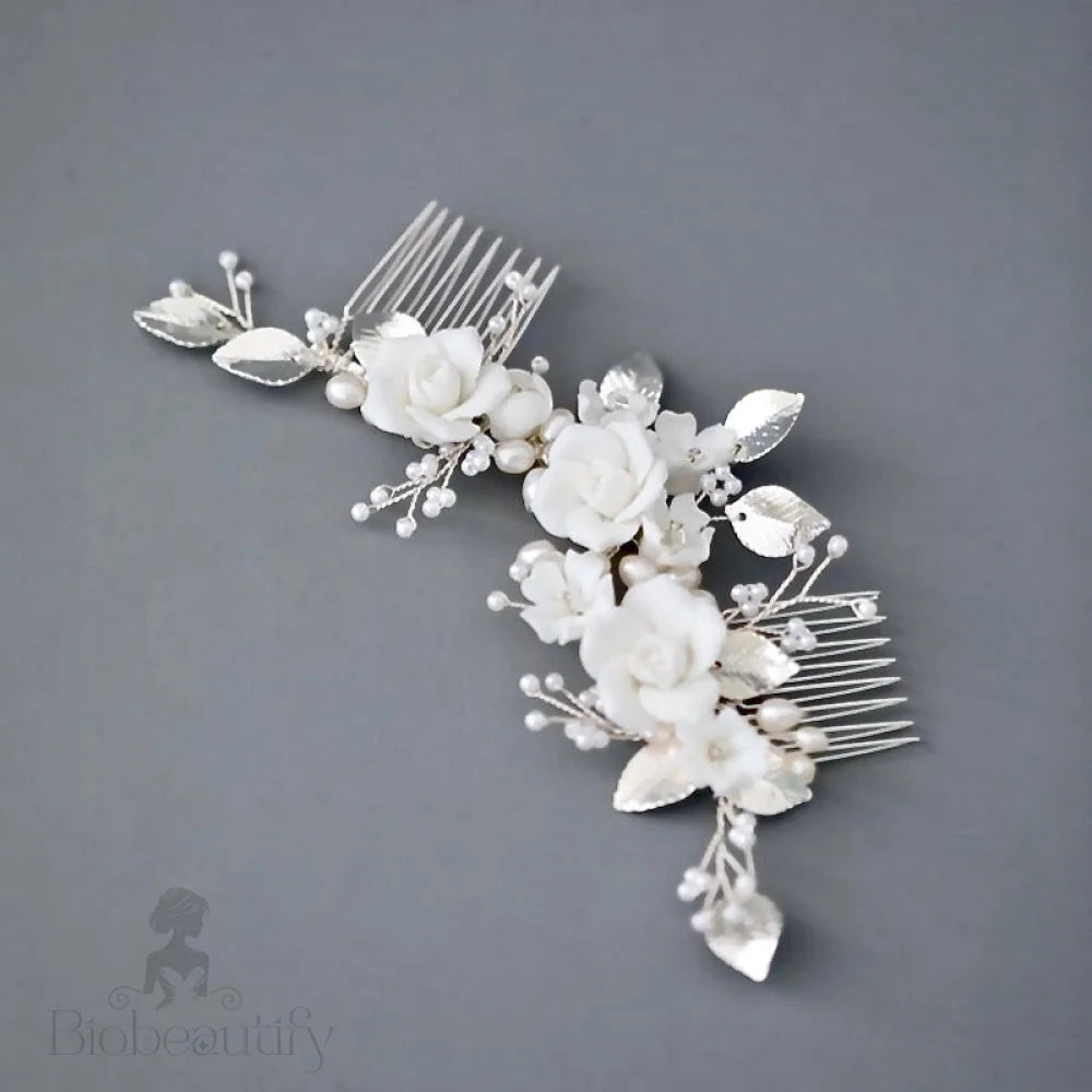 Gloria Ceramic Flower Silver Bridal Hair Comb