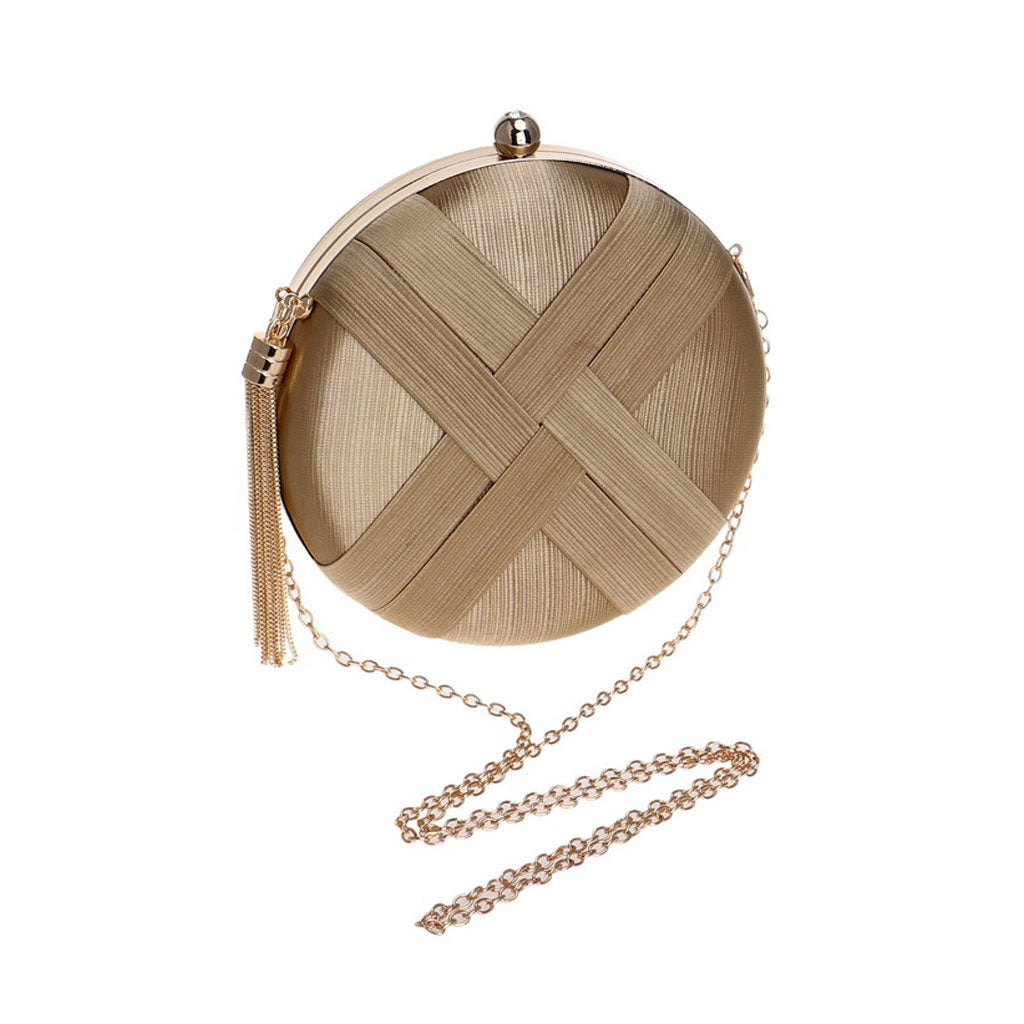 Fringe Trim Round Braided Satin Mini Clutch - Gold