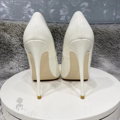 Glossy White Pointy Toe High Heel Shoes With Front V Cut For Women