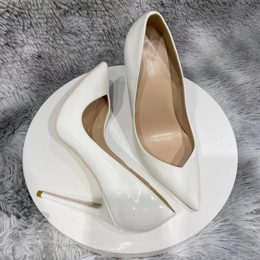 Glossy White Pointy Toe High Heel Shoes With Front V Cut For Women