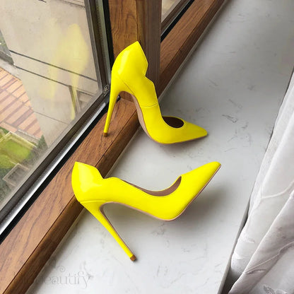 Glossy Yellow Pointy Toe High Heel Party Shoes For Women