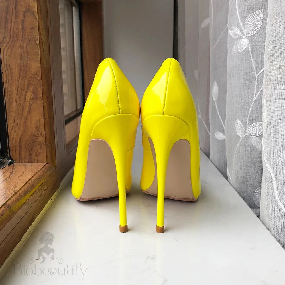 Glossy Yellow Pointy Toe High Heel Party Shoes For Women