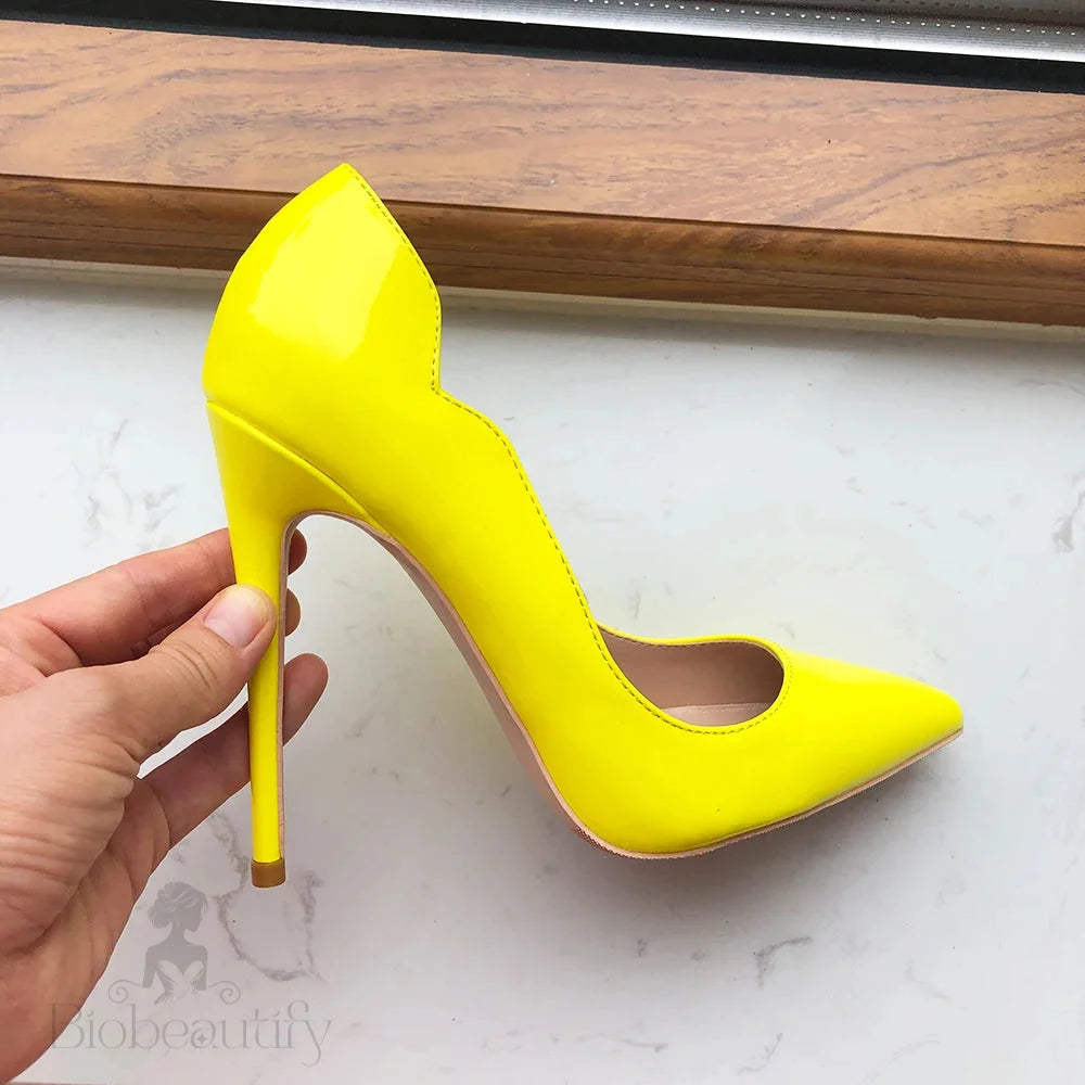 Glossy Yellow Pointy Toe High Heel Party Shoes For Women