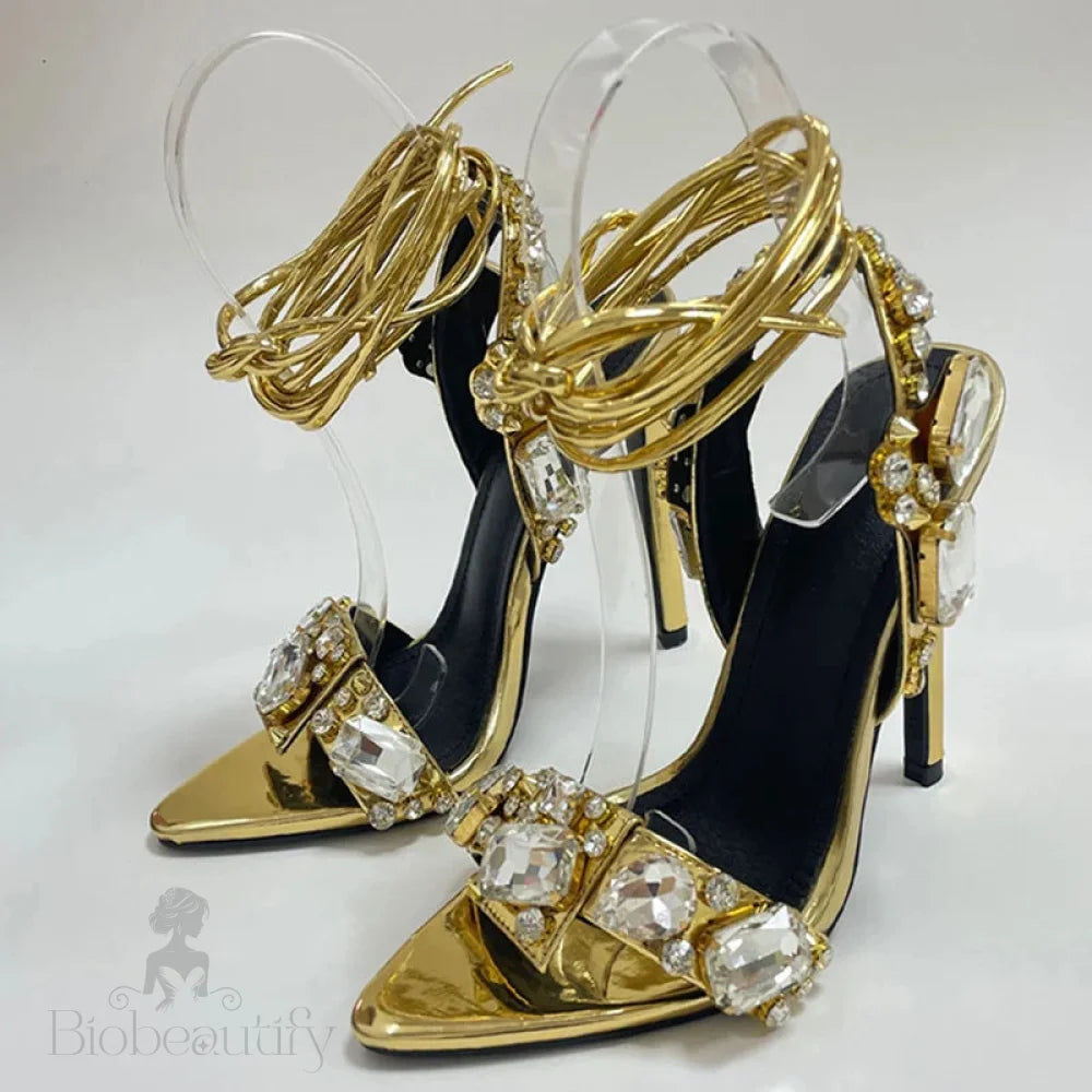 Gold Ankle Strap Sandals For Women Nightclub Party Stripper Heels