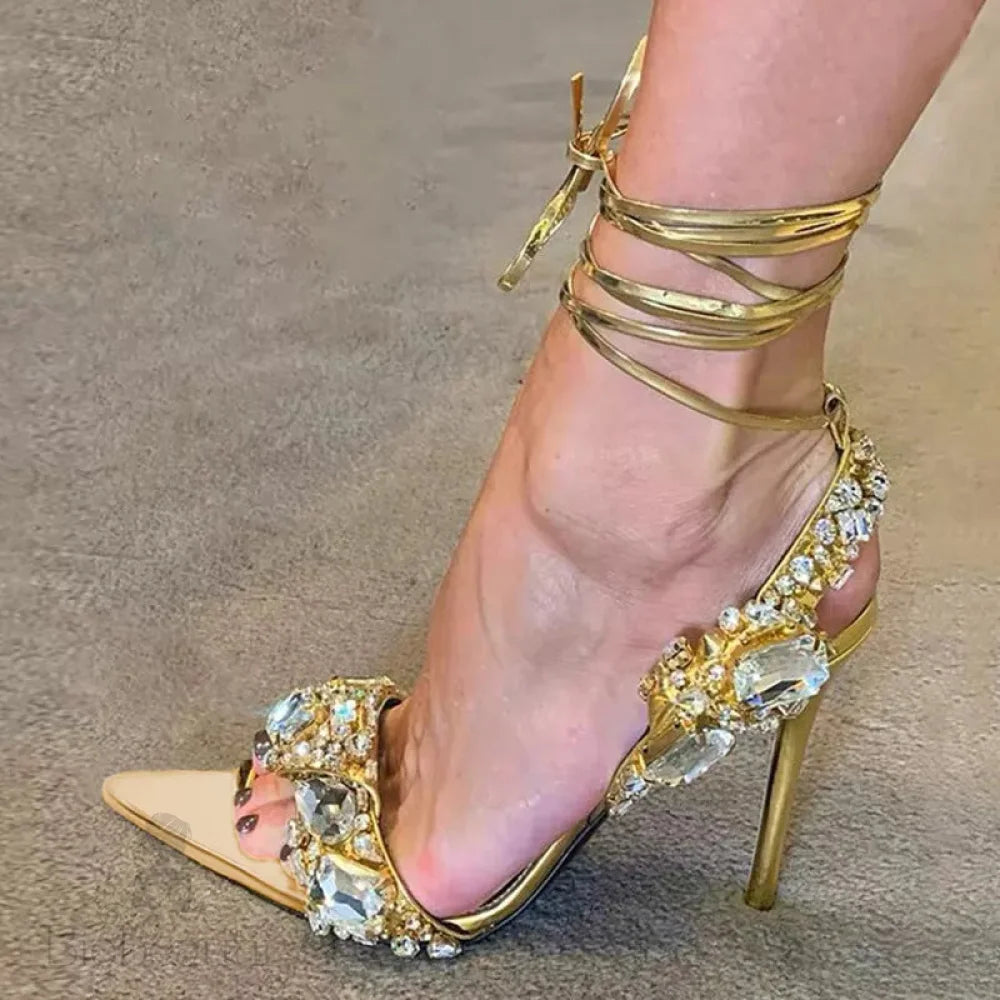 Gold Ankle Strap Sandals For Women Nightclub Party Stripper Heels